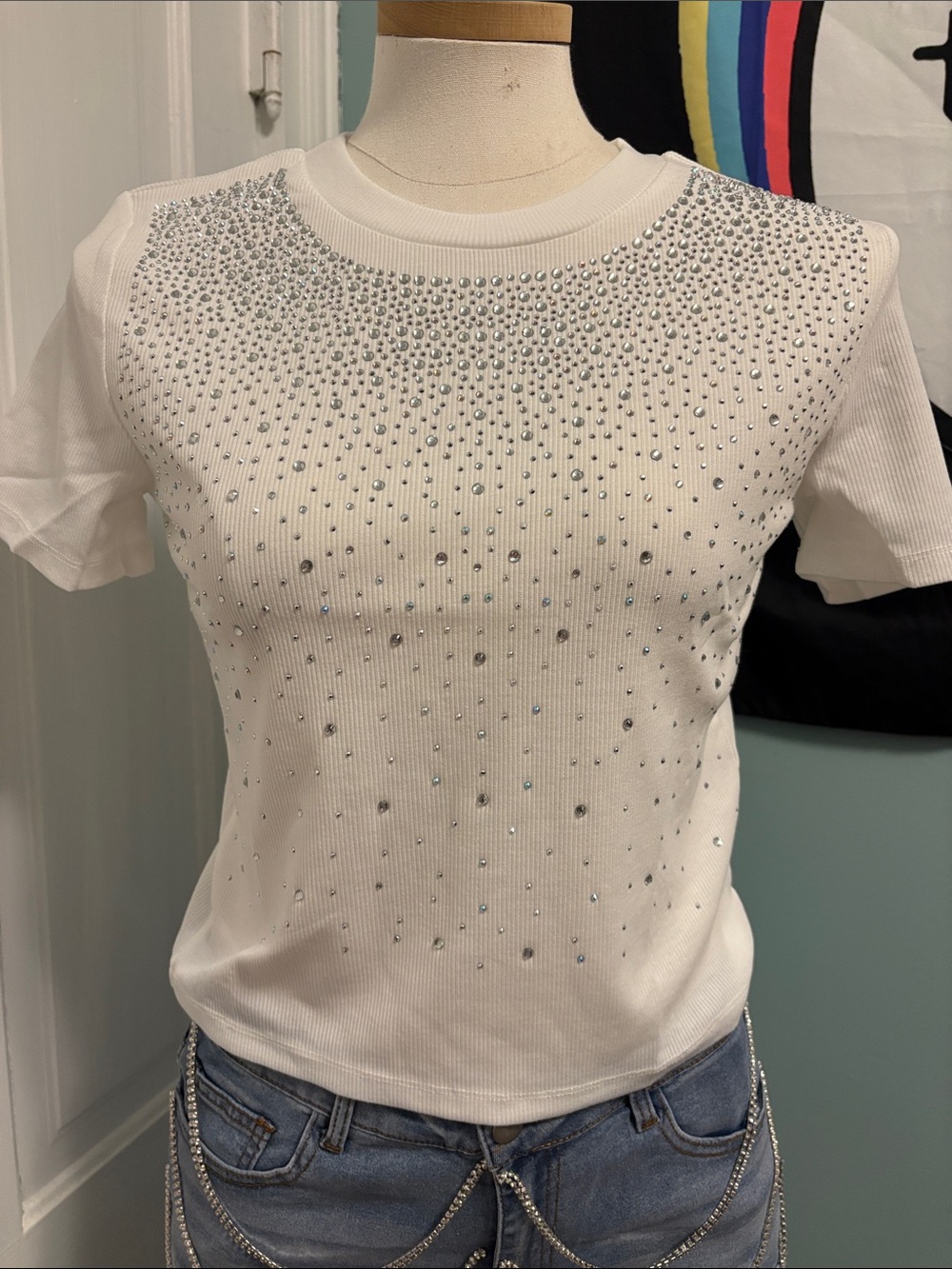 Mango White Short-Sleeve Knit Top with Crystal Embellishments